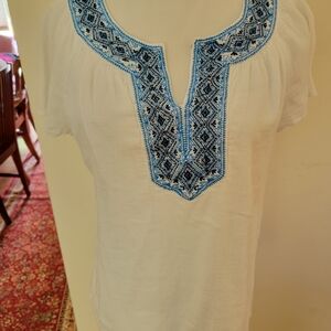 Charter Club White Blouse with Blue Embroidery